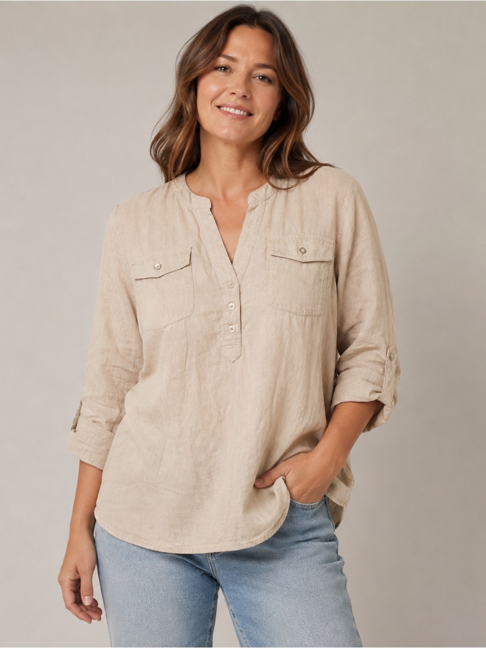 Tahari Linen Blend Long Sleeve 1/4 Button V-Neck Top Tan 1X